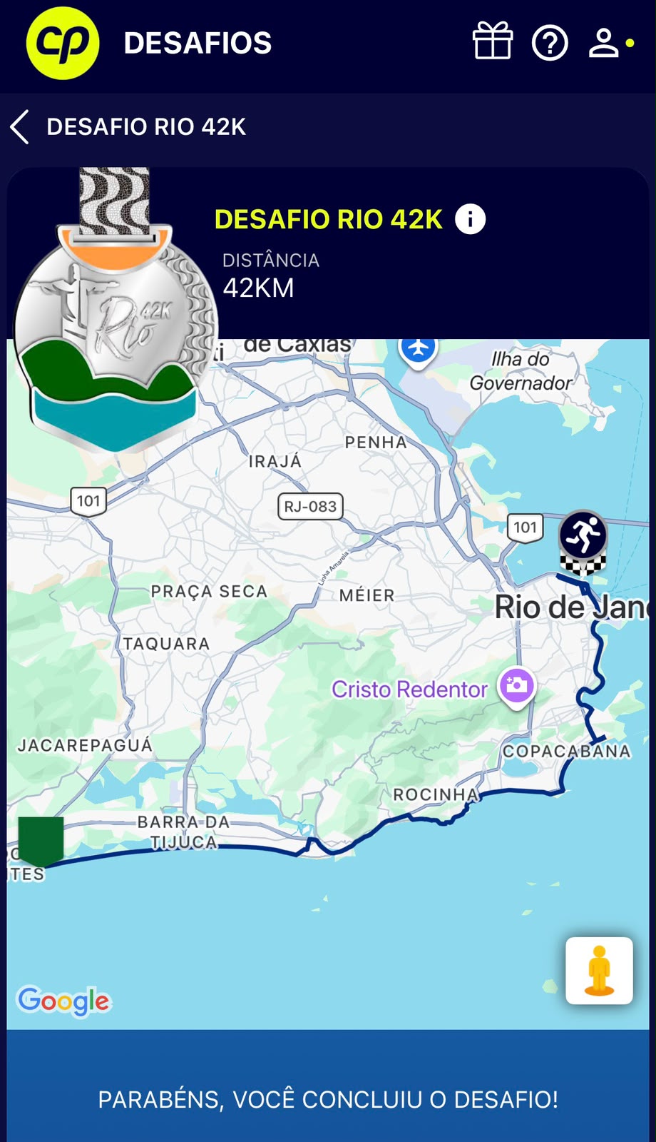 App Corrida Perfeita — tela do Desafio Rio 42K